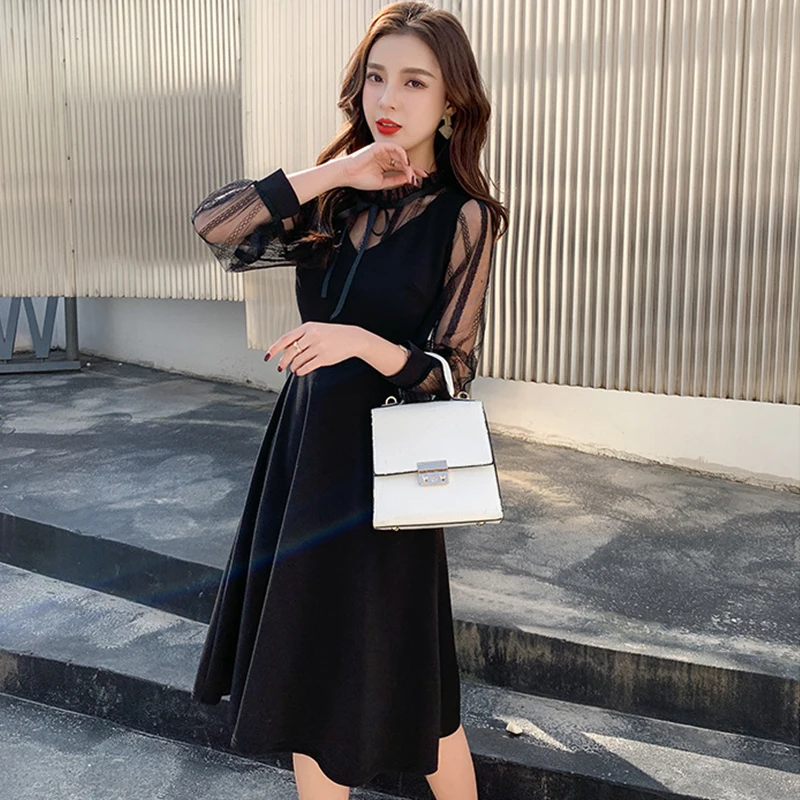 

new arrival fashion black dress women elegant autumn long sleeve stand neck temperament OL perspective mesh slim a-line dress