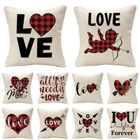 letter love cushion cover linen fabric red grid heart cupid pillow cover art home decoration sofa throw pillow case gift wedding