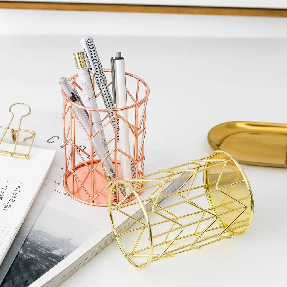 

Stainless Steel Rose Gold Pen Holder Cosmetic Case Storage Basket Multifunctional Beautiful Stationery Cosmetics Storage Box