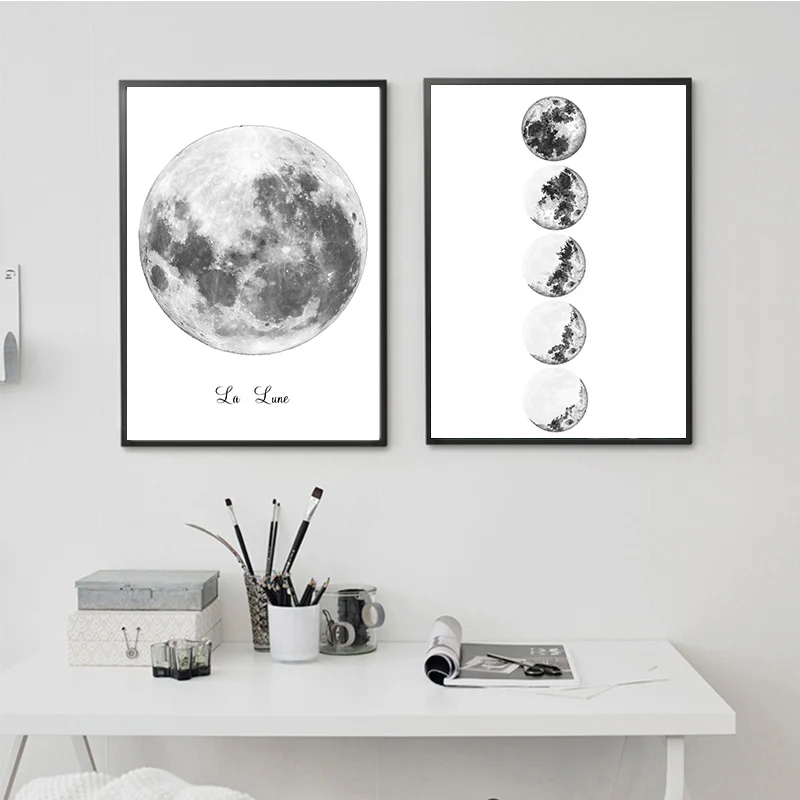 Минималистичная полнофазная Печать на холсте черно-белый постер La Luna настенные