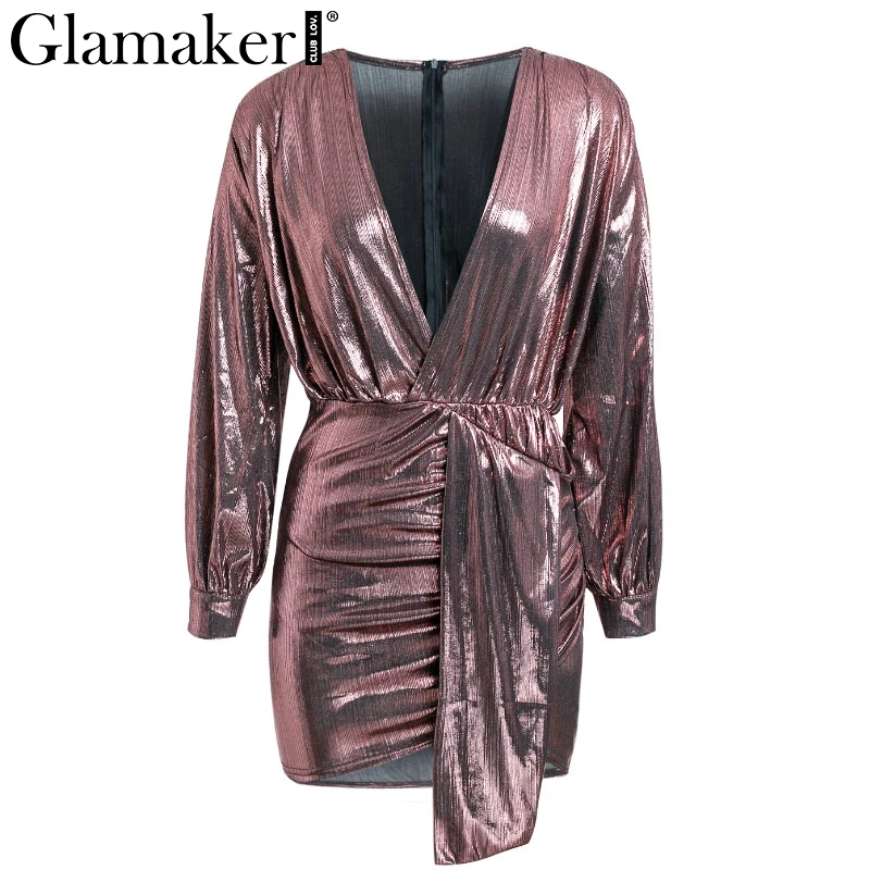 Золотой Glamaker, атласный пояс, длинный рукав, сексуальное женское платье, плиссированные, короткие, вечерние, для клуба, мини-платье, женское, v-образный вырез, шикарное платье, осень, vestidos - Цвет: Золотой