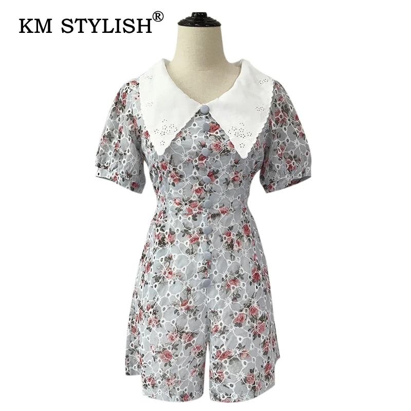 Летний женский цветочный принт с отложным воротником коротким рукавом