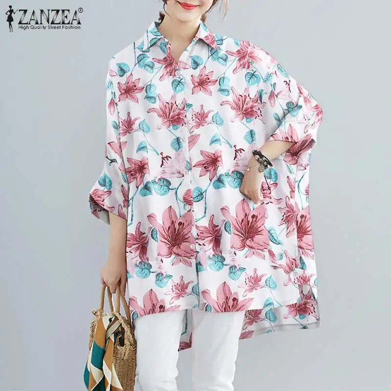 

Стильная винтажная рубашка на пуговицах для отдыха ZANZEA Осенняя женская блузка оверсайз богемный Повседневный Топ свободного кроя с цветоч...