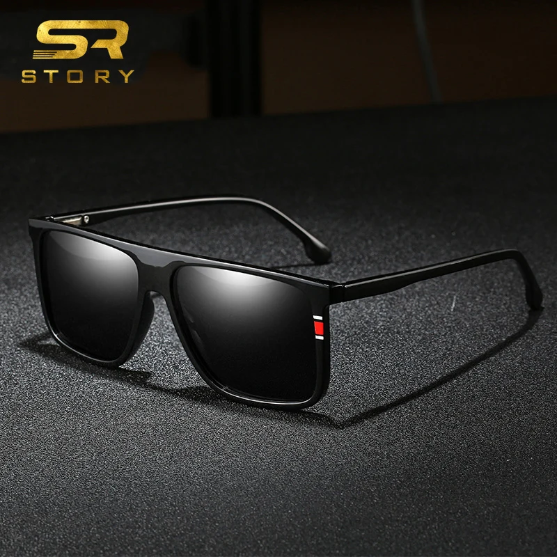 

STORY TR90 Polarized Sunglasses Men UV400 High Quality Brand Designer Rectangle Frame Black Blue Tea Male Sun Glasses Shades
