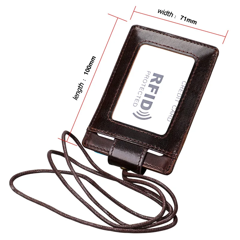 Genuine Leather ID Card Holder with Lanyard RFID Blocking Card Cover for Chest Card Hangtag Work Pass Student Bank Cards Pouch