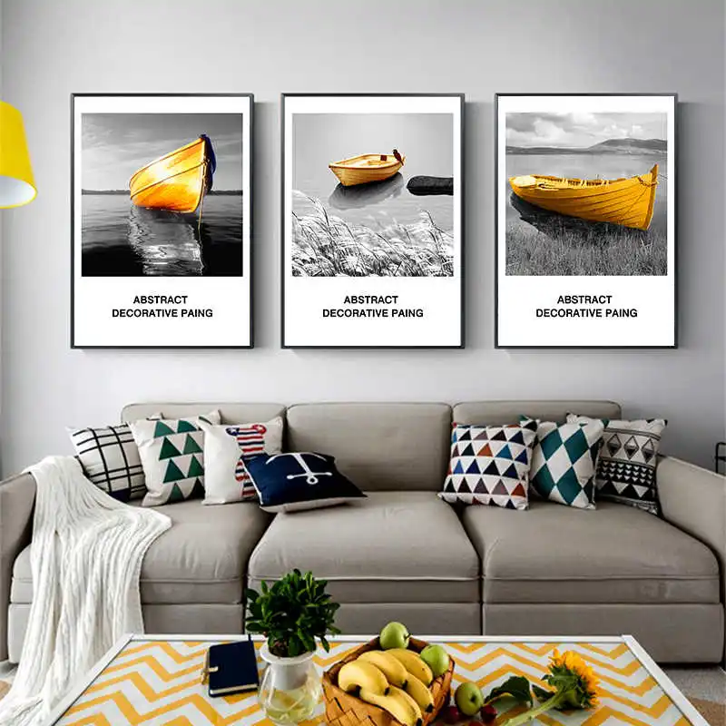 Абстрактная Желтая Лодка на стену Художественная Картина холсте черный белый