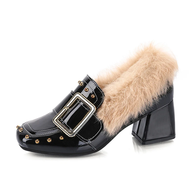 

Winter Fashion Casual Women Pumps Metal Buckle Rivet Design Fur Leather Shoes Furry Luxury Warm High Heels Lady Office Commuting