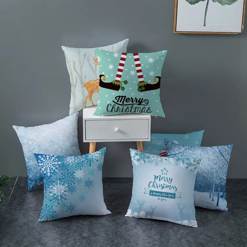 

45*45cm Snow Christmas Blue Pillowcase 2021 Merry Christmas Decor for Home Ornaments Xmas Pendant Christma Gifts Happy New Year