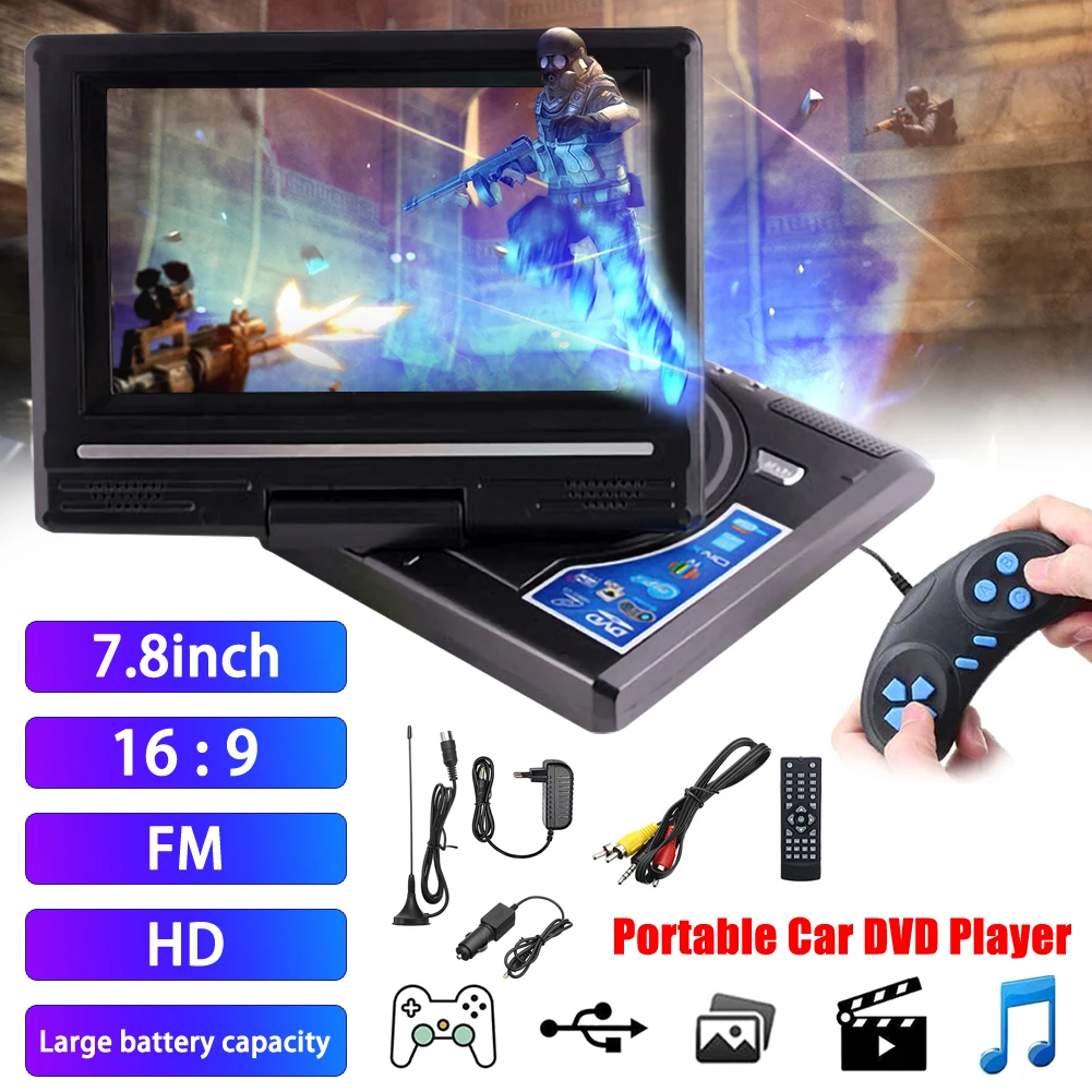 

7.8'' Portable HD TV Home Car DVD Player VCD CD MP3 DVD Player USB SD Cards RCA TV Portatil Cable Game 16:9 Rotate LCD Screen