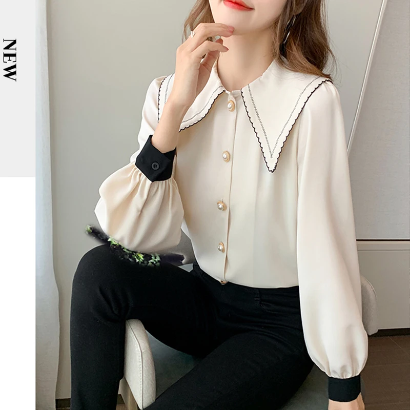 

Korean Fashion Blouse Women Doll Collar Single Row Buckle Long Sleeves Chiffon Tops Small Crowd Design Sense Autumn New 2020