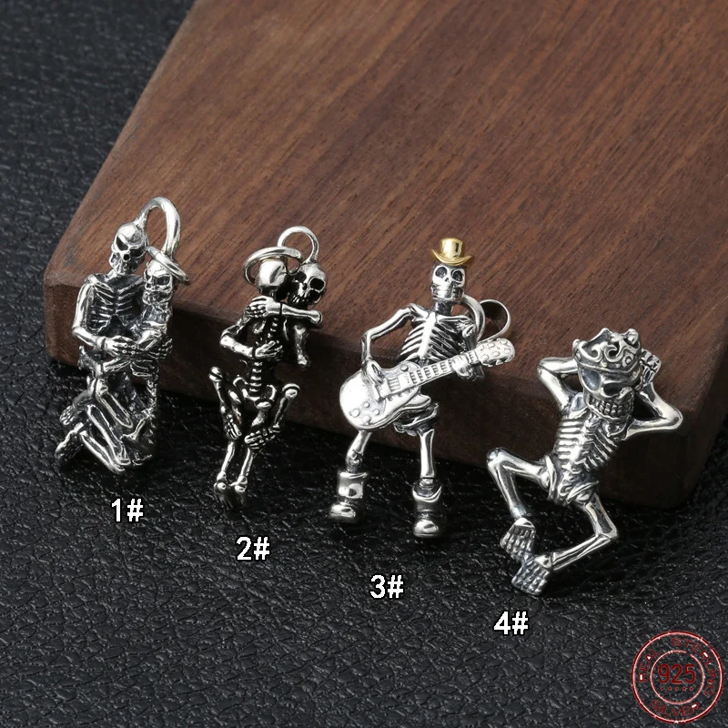 

S925 Sterling Silver Charm Pendants Punk Creative Skeleton Skull Popular Fashion Jewelry Pure Argentum Men Women Hanging Tag