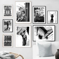 paris sexy girl street car store art canvas painting nordic black white posters and prints wall pictures for living room decor