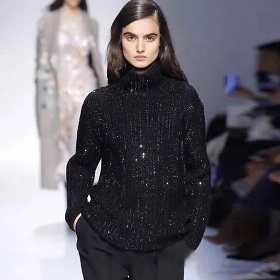 2021 Autumn Winter New Cashmere Sweater Ladies White Sequined Turtleneck Pullover Women Fashion Loose Long-Sleeved Sweaters | Женская