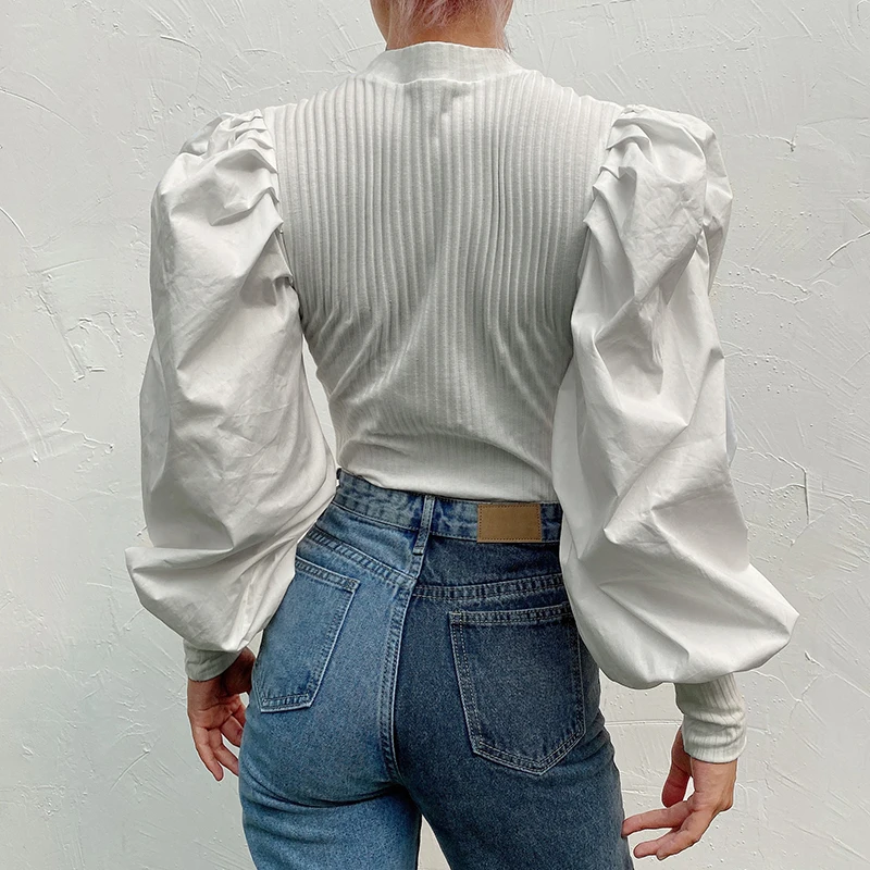 Darlingaga модная облегающая женская Футболка с рукавами-фонариками, черно-белая ребристая Осенняя футболка в стиле пэчворк, укороченные топы, футболки, вечерние футболки