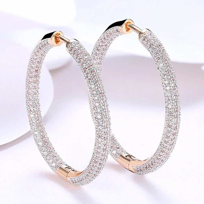 

AGLOVER Luxury AAA Zircon 34mm 925 Sterling Silver 18K Gold Charm Round Earrings For Women Fashion Engagement Party Jewelry
