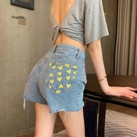 2021 summer wide leg womens love print high waist thin irregular rough edge denim shorts fashion