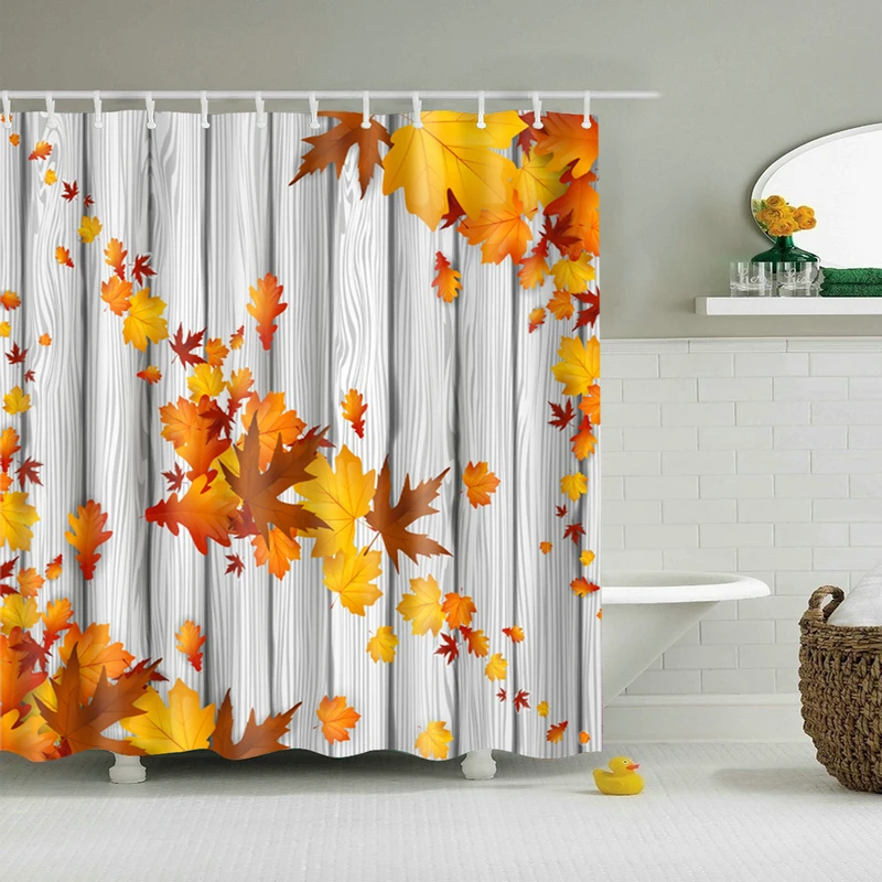 

Golden Leaves Shower Curtain Set with 12 Hooks Natural Plants Bathroom Decor