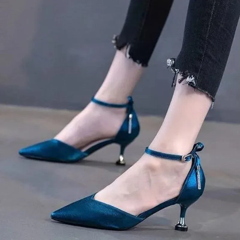 Zapatos de tacón de aguja azul marino para mujer, Calzado cómodo con hebilla y Correa, informal, dulce, para Club nocturno (0)