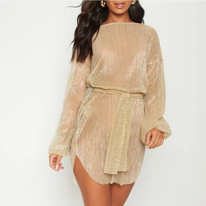 Винтажное пляжное платье с длинным рукавом женское поясом Женский Летний