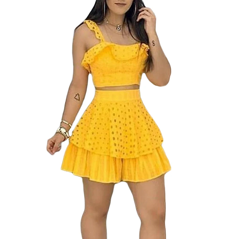 

Women Two-pieces Set Sleeveless Top High Waist Skirt Suit Solid Color Round Collar Wrinkle Hollow Clothing Summer Fashion New