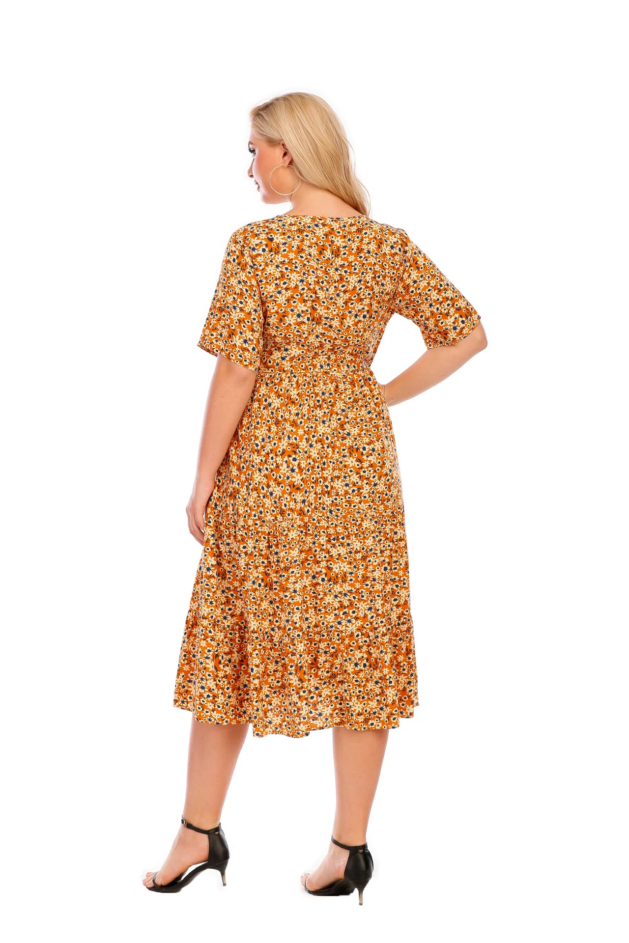

Floral Dress Women Plus Size Summer Boho Skirt Round Neck Midi Length Half Sleeeve Large Swing High Waist Polyester Dresses