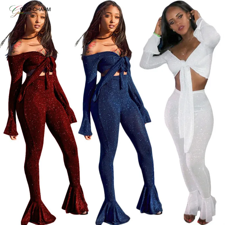 

*S-66862259 2020 Wholesale Bell Sleeve Crop Top Metallic Sexy Party Ladies 2 Piece Set Outfit Sequin Bodycon Club Two Piece Set