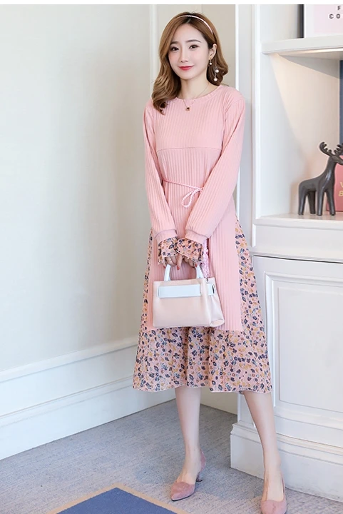 

1808# Spring Korean Fashion Patchwork Maternity Nursing Dress Ties Waist Feeding Clothes for Pregnant Women Sweet Knit Pregnancy