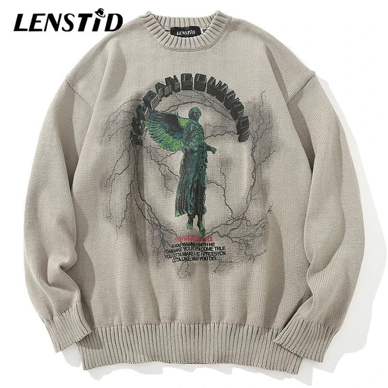 

LENSTID Men Hip Hop Knitted Jumper Sweaters Angel Lightning Printed Streetwear Harajuku Autumn Oversize Hipster Casual Pullovers