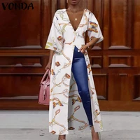 elegant women long blouse vintage printed shirts v neck dress split party tops 2021 vonda female casual summer blusa
