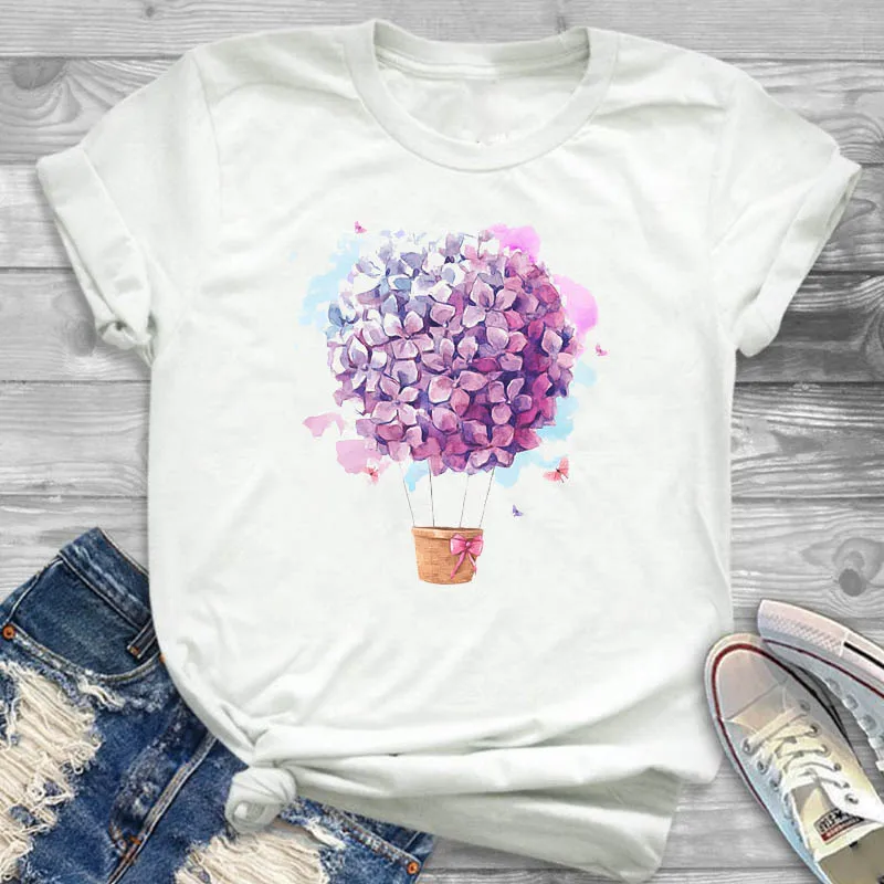 

Women Lady T Shirt Hot Balloon Flower Printed Tshirt Ladies Short Sleeve Tee Shirt Women Female Tops Clothes Graphic T-shirt