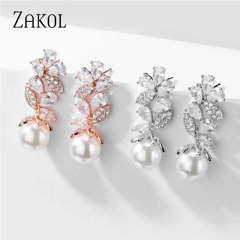 ZAKOL новые дизайнерские серьги в форме листа с кубическим цирконием и жемчугом для