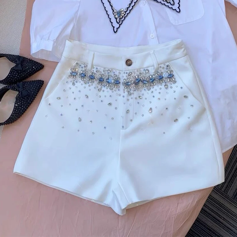 

High Fashion Diamond Pocket Fashion Luxury Designer White Casual Suit Shorts Women Summer Clothes Brand New 2021