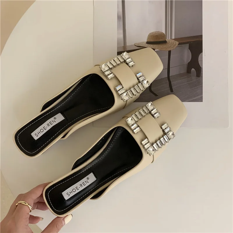 

Square heel Flat Shoes Female Womens Slippers Outdoor Glitter Slides Cover Toe Pantofle Med Loafers Block Jelly 2021 Basic Rome