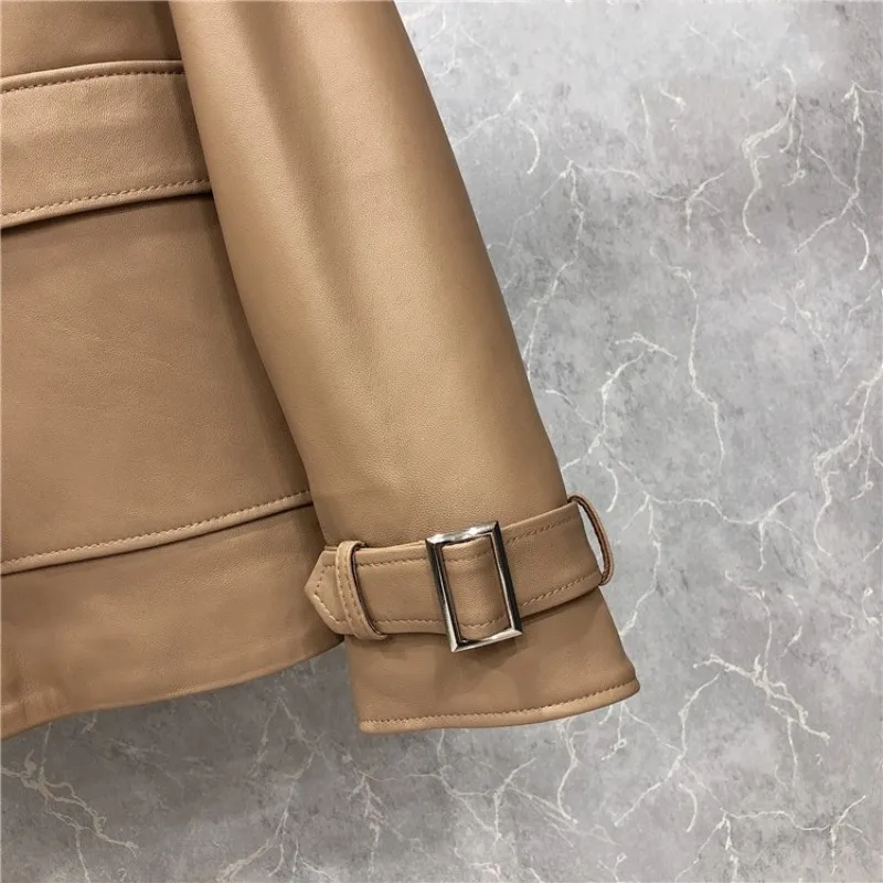 

Luxury Brand Sheepskin Ankle-Length Pants Women Streetwear Elastic High Waist Pants Set 100% Real Leather Short Jacket Female