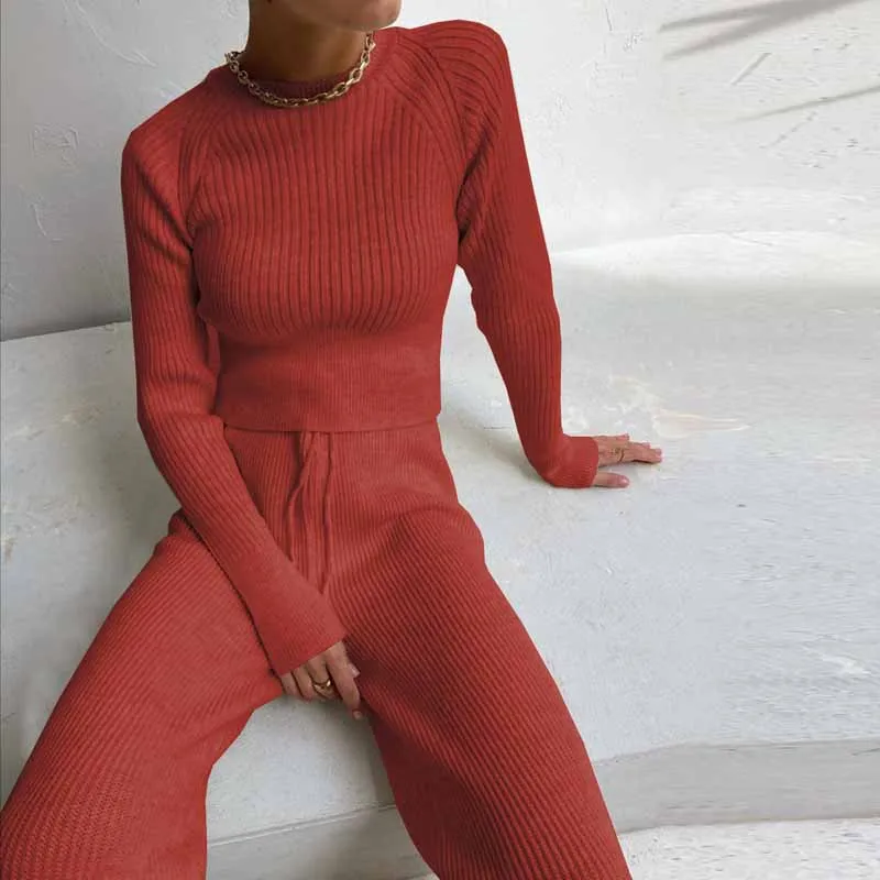 

2021 Hot Sale Style Women Casual Wide-leg Pants Long-sleeved Solid Warm Women Sweater Suit