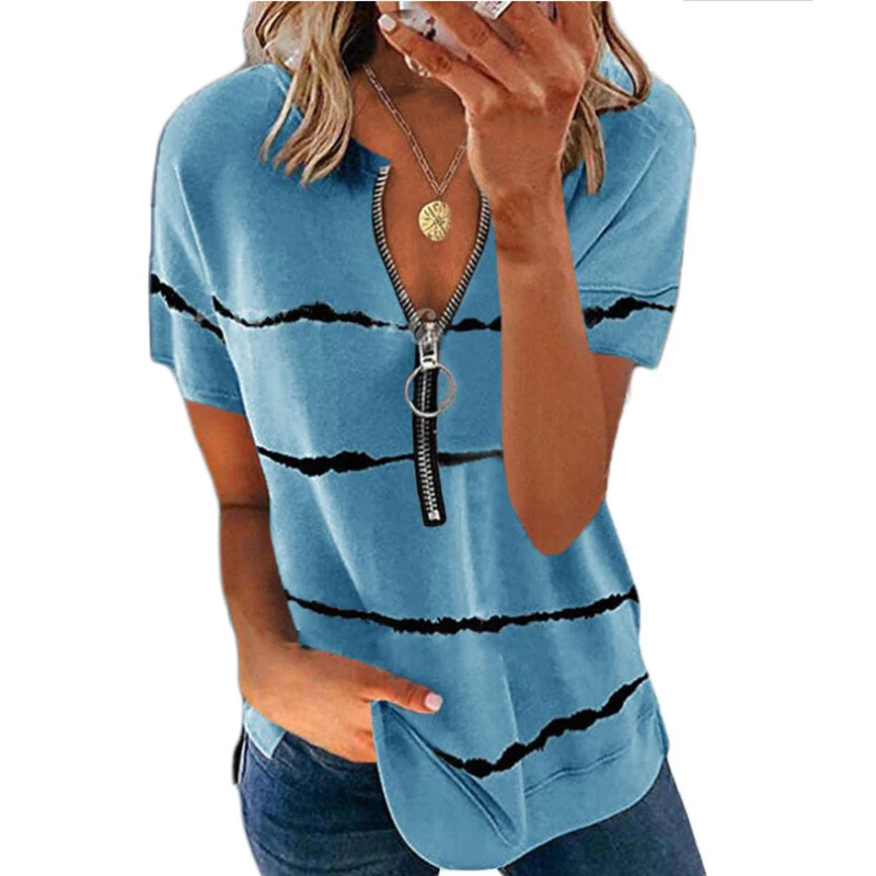 

New Sunmmer Womens Striped Zipper T Shirt V Neck Short Sleeve Top Blouse Tee Womens Ladies Summer Casual Stripe T Shirt