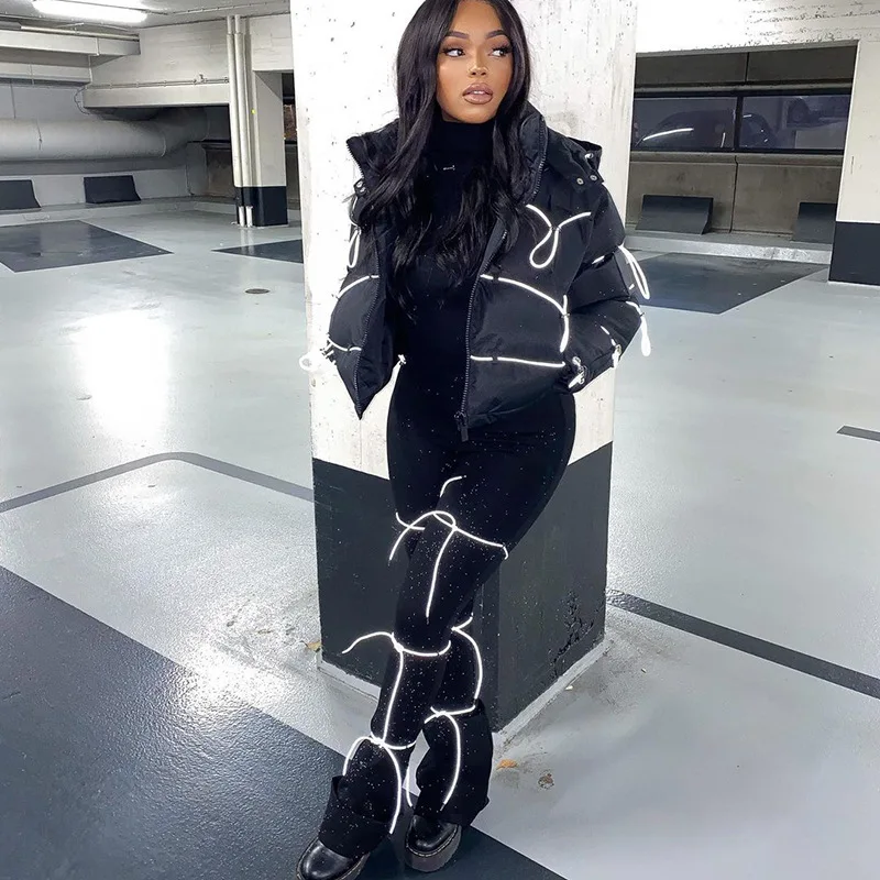 

Cool Hip Hop Shiny in The Night Women Bandage Flared Long Pants Solid Color Slim Fit High Waist Trousers for Spring, Autumn