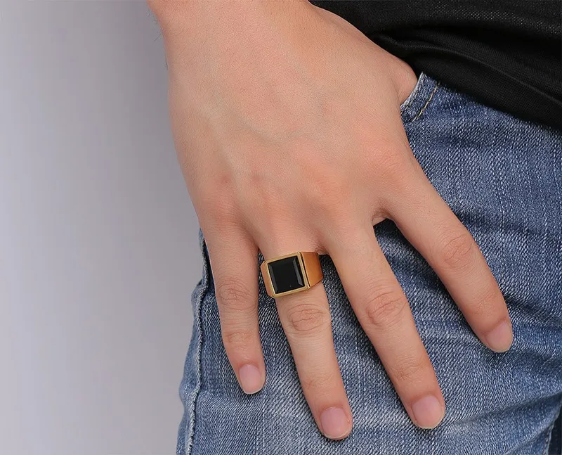 

NHGBFT Retro Black Stone Wedding Bands Rings for Men Gold Color Stainless Steel Rings Jewelry Dropshipping