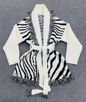 spring high 2021ss quality women elegant belts zebra prints tassel cardigans female wool jacquard knitted coat sweater