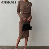 wannathis long sleeve o neck womens long dress twist pleated slim casual lady maxi dress elegant party dress women solid color