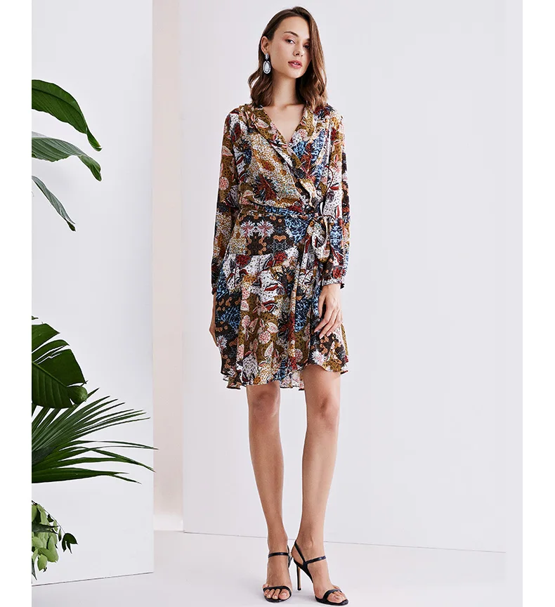 POKWAI женское платье до колена с принтом шелковое длинным рукавом v-образным