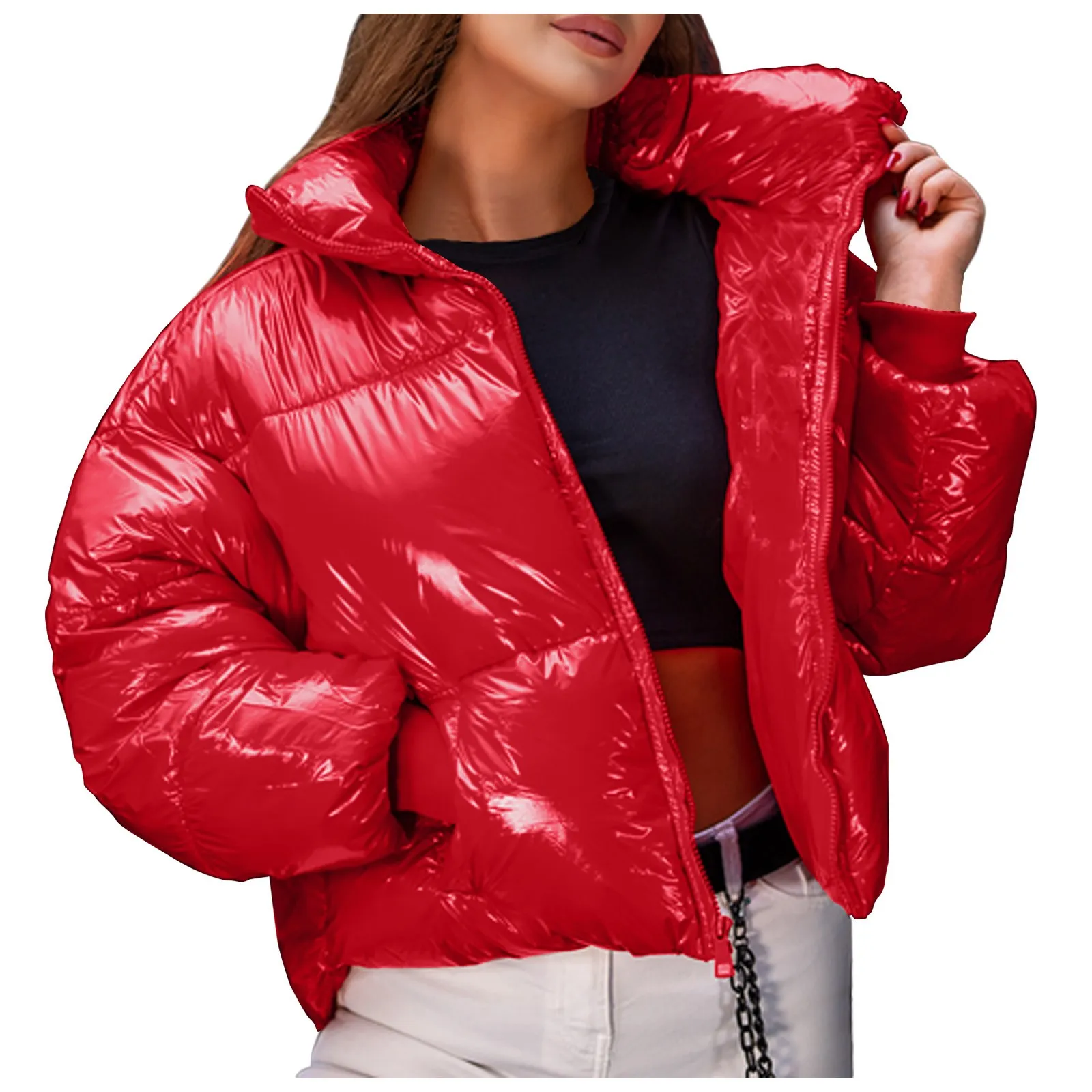 

Women Shiny Stand-Up Collar Outwear Plus Size Solid Color Down Coat Long Sleeve Zipper Pocket Overcoat Warm Jacket Jacket