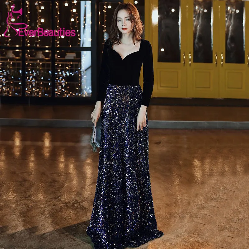 Женское вечернее платье с блестками длинное велюровое платье-трапеция рукавом