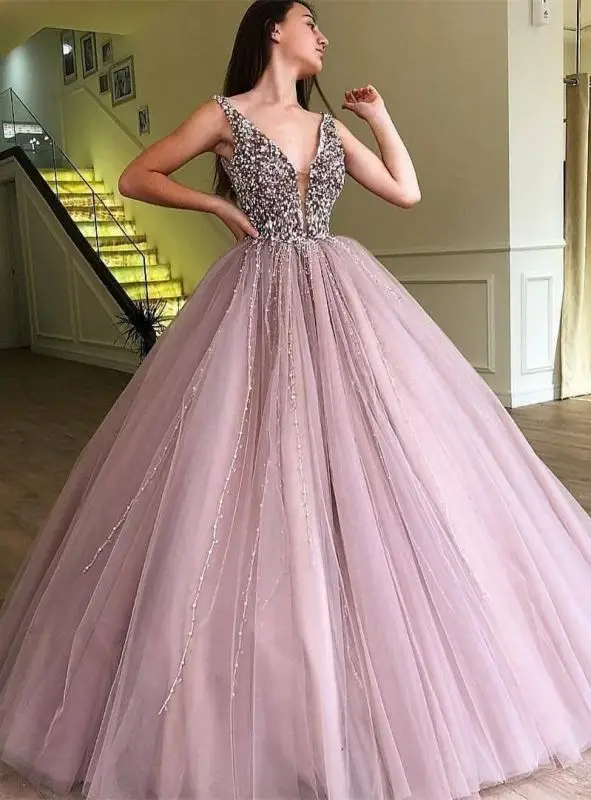 

Fomal Cheap Quinceanera Dresses Princess V-neck Tulle Pearls Sequined Vestidos De 15 Años Rojo