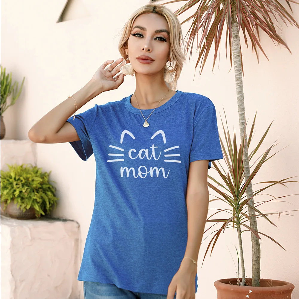 

Female Tees Cat Mom Letter Print Lady Korean Style Summer Kawaii Creative Clothing Comfort Shirts Regular Crew Neck Trend Novel
