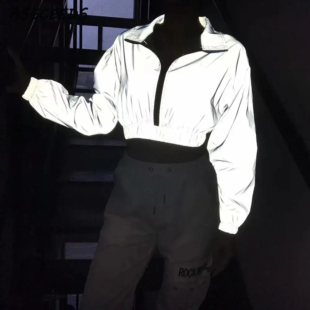 

Fall jacket korean clothes 2019 Fashion Reflective jacket women streetwear coats and jackets women long sleeve cropped jacket