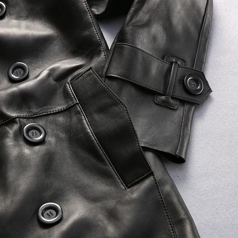 Длинный мужской модный осенний кожаный Тренч из овечьей кожи с широкой талией
