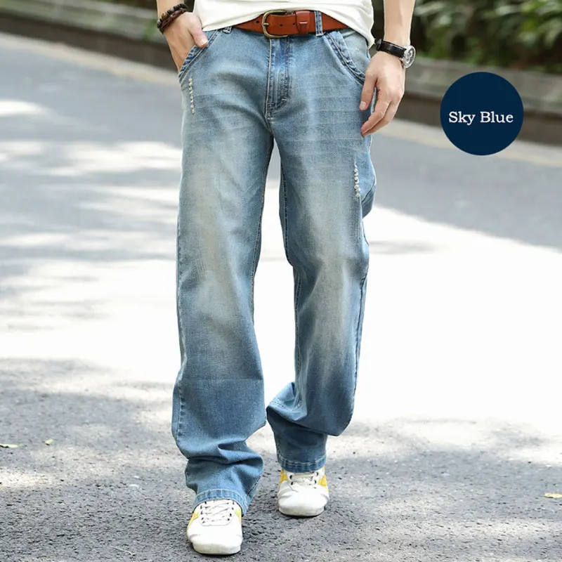 Summer Thin Section Men Jeans Straight Breathable Elastic Loose Baggy Harem Hip Hop Denim Pants Cotton Blue Wide Leg Trousers