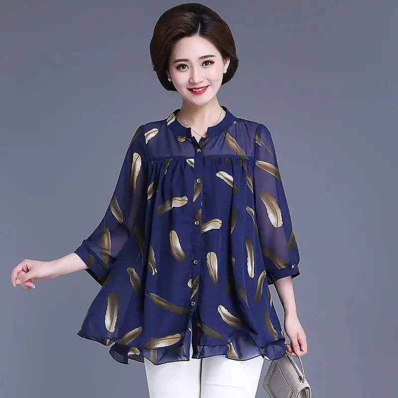 2020 New Summer Middle Aged Women Three Quarter Sleeve Fashion Chiffon Blouse Tops Female Flower Print Plus Size 4xl Shirt W20 | Женская