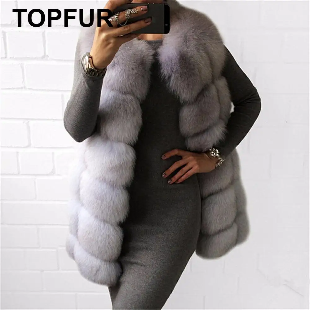 TOPFUR New Fashion Real Fox Fur Coat Women Winter Gray Vest Women Medium Long Solid Clothes Women Slim Vest Natural Fox Fur